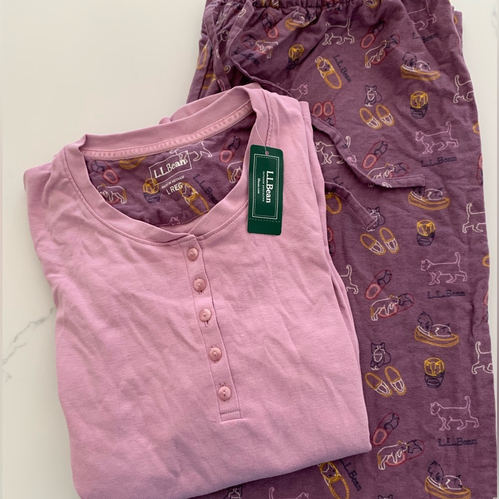 L.L. Bean L Purple pajama set cat pattern flannel pants adjustable tie waist NWT
